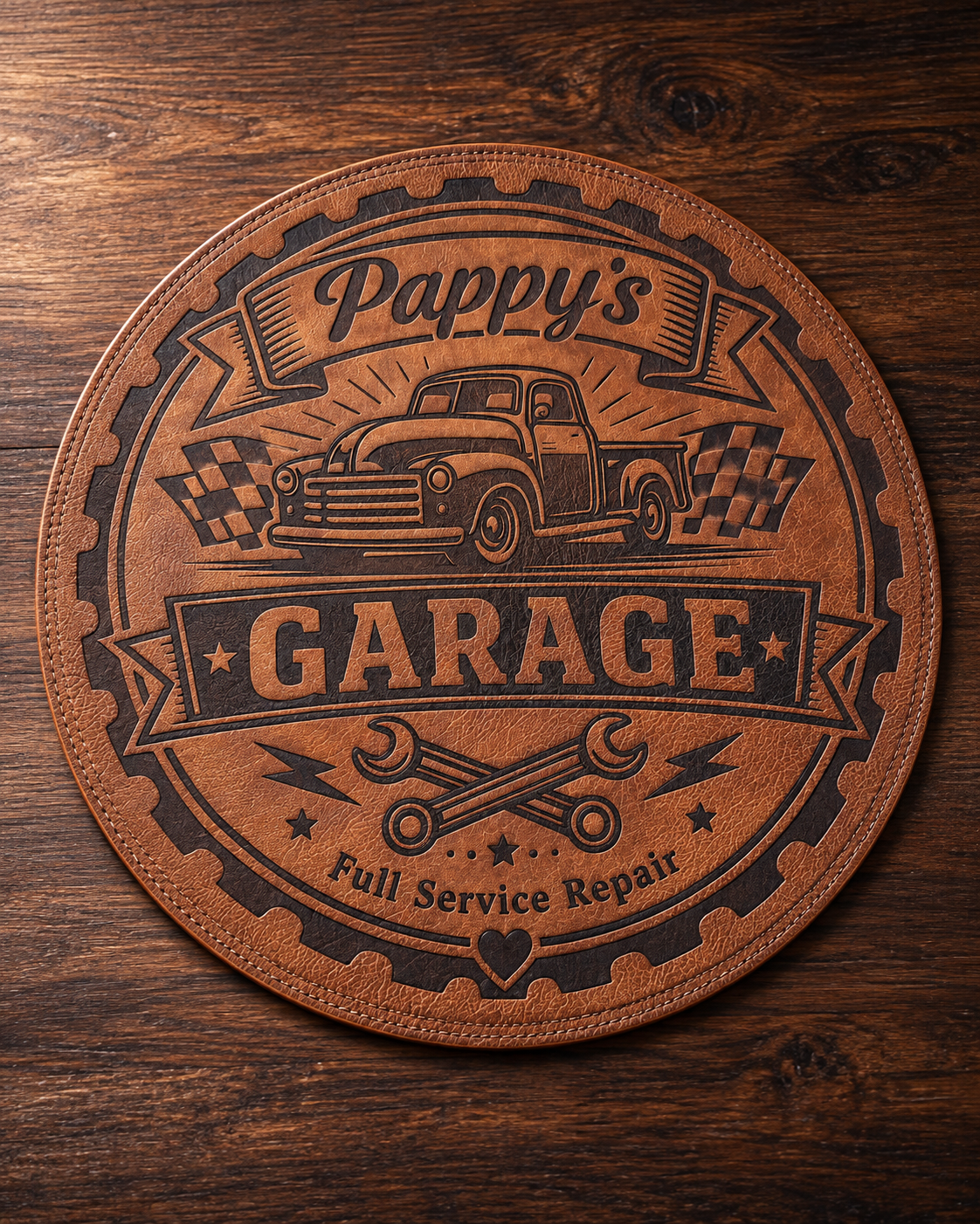 Custom engraved leather table mat with garage artwork