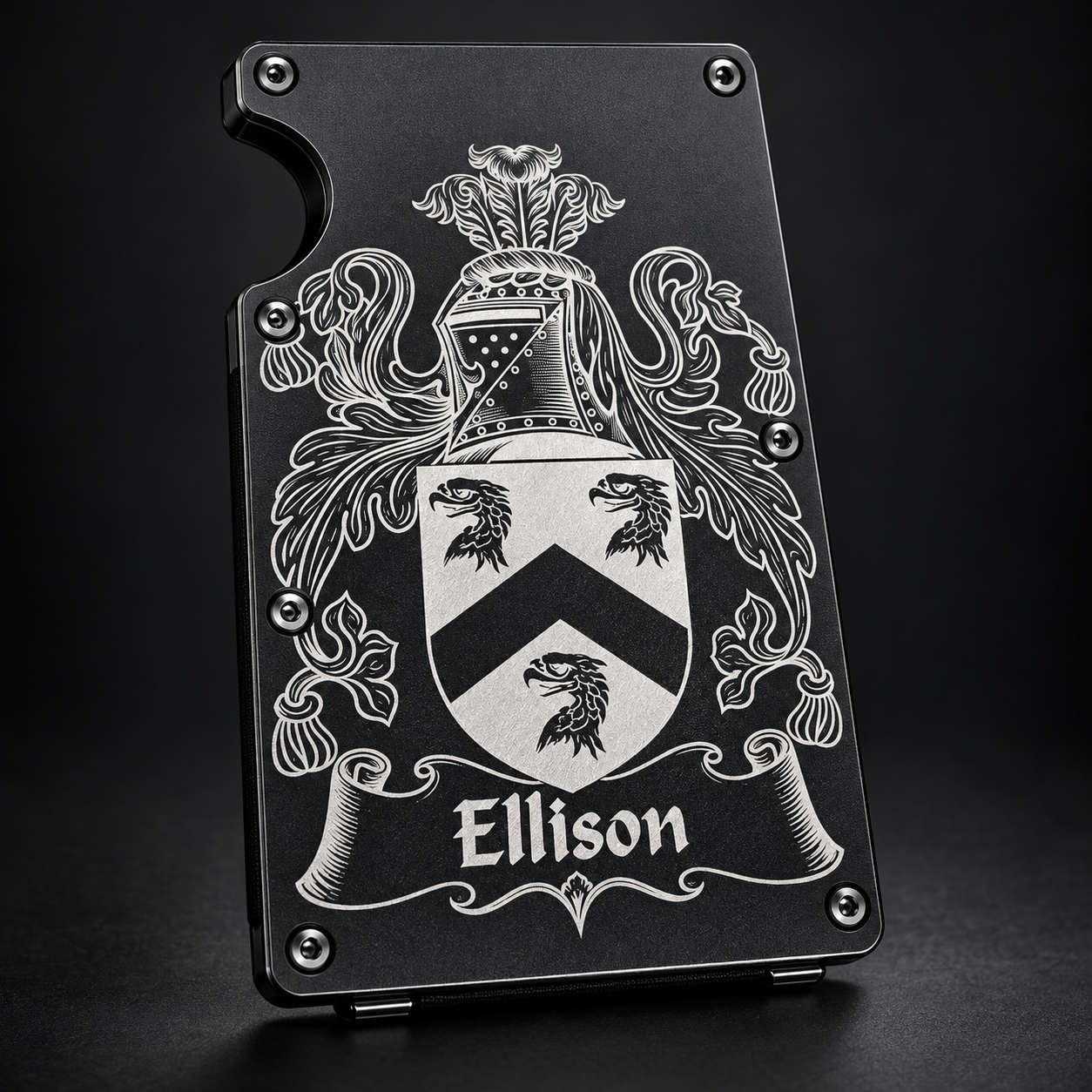 Custom black metal wallet with precision engraved family crest